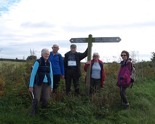 Group of walkers by sign